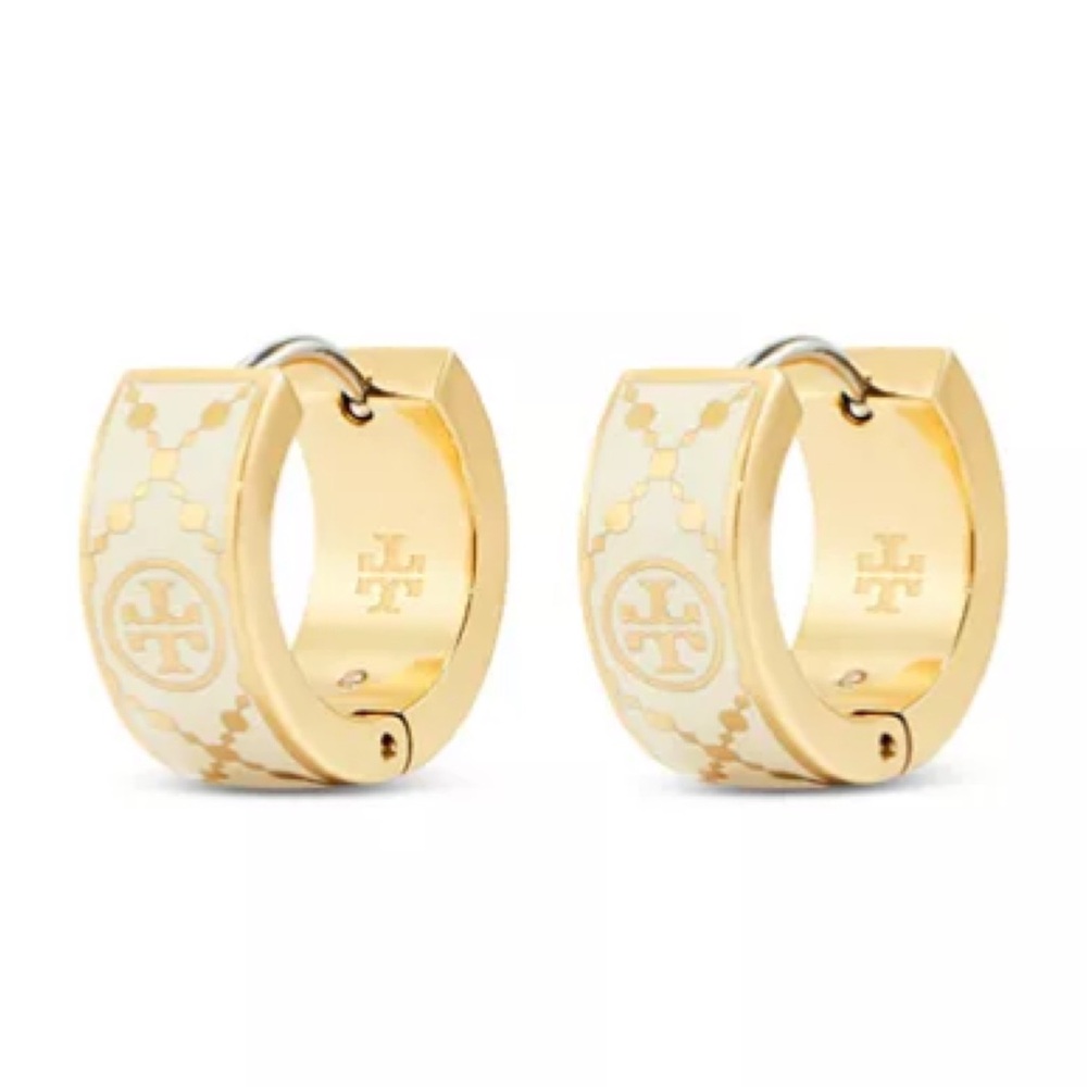 🆕 TORY BURCH • Ivory Cream Small Icon T Monogram Chunky Hoop Huggie Earrings